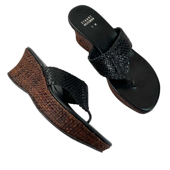 Stuart Weitzman Black Raffia Woven Leather Wedge Thong Sandals Size 7M - Picture 1 of 10